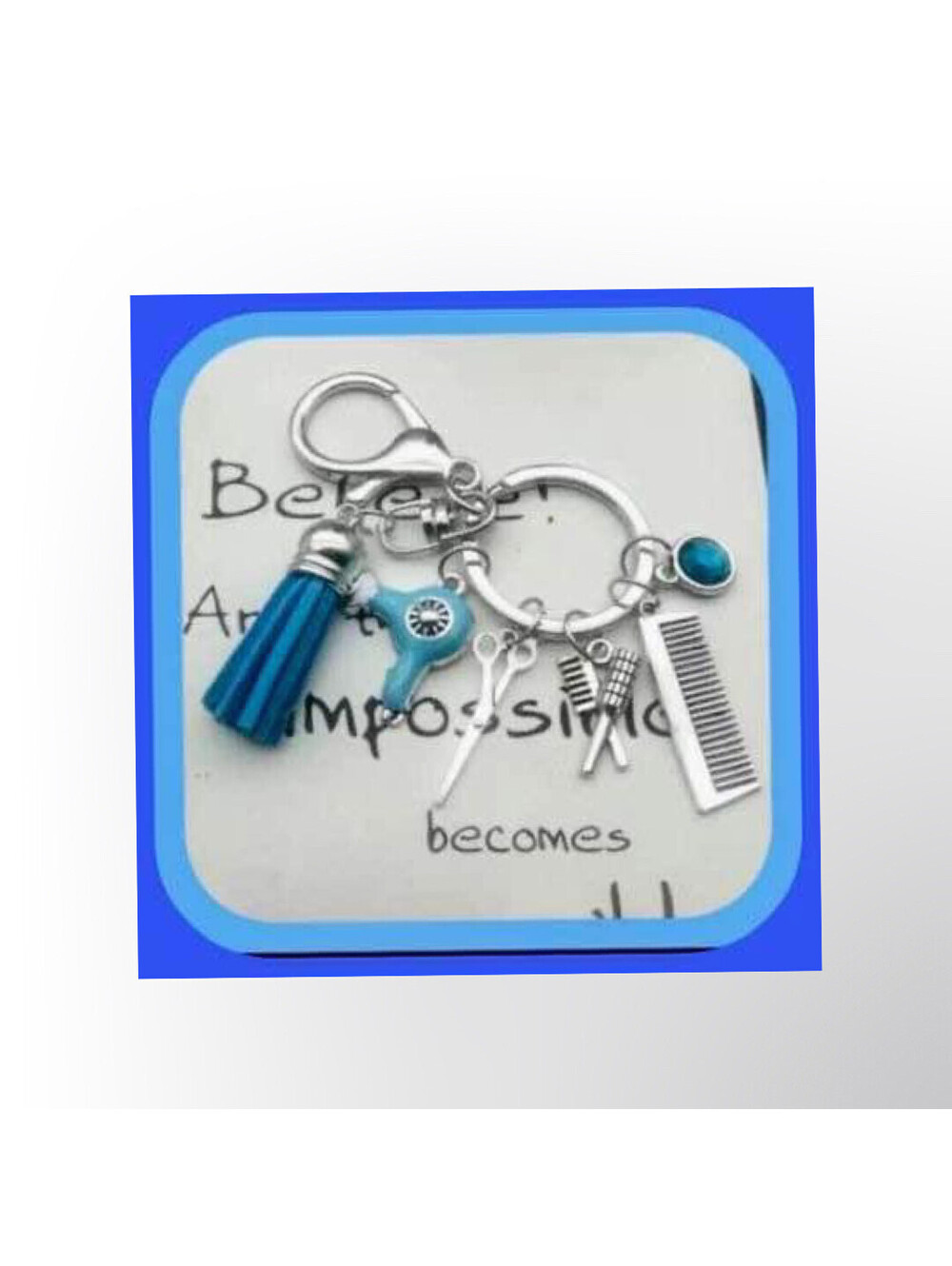 New Cute Hair Stylist Barber Shears & Comb Blue Tassel Silver Keychain